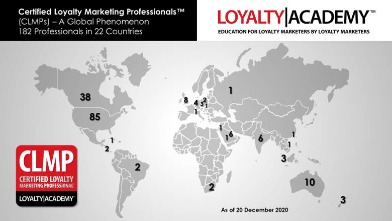 This is a map of current Certified Loyalty Marketing Professionals (CLMPs) that are based around the globe.