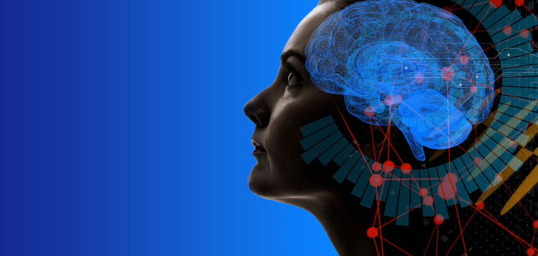 blue background with side profile view of human head with brain visible