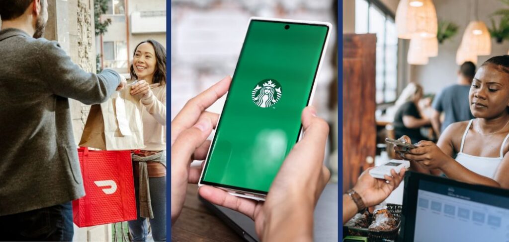 loyalty embedded finance platforms including starbucks on a mobile phone, doordash delivery driver, and user paying at POS with phone tap