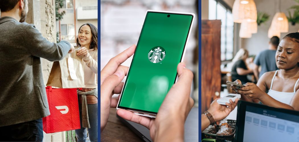 loyalty embedded finance platforms including starbucks on a mobile phone, doordash delivery driver, and user paying at POS with phone tap